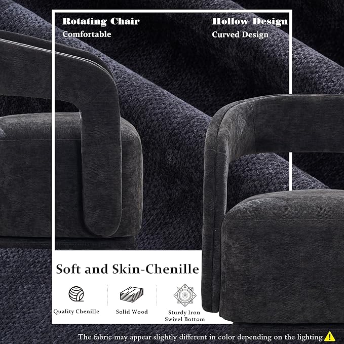 FOXHUNTER Swivel Accent Chair Set of 2 Modern Upholstered Barrel Chair Oversized Round Accent Armchair with Open Back Wooden Base for Living RoomChenil Grey