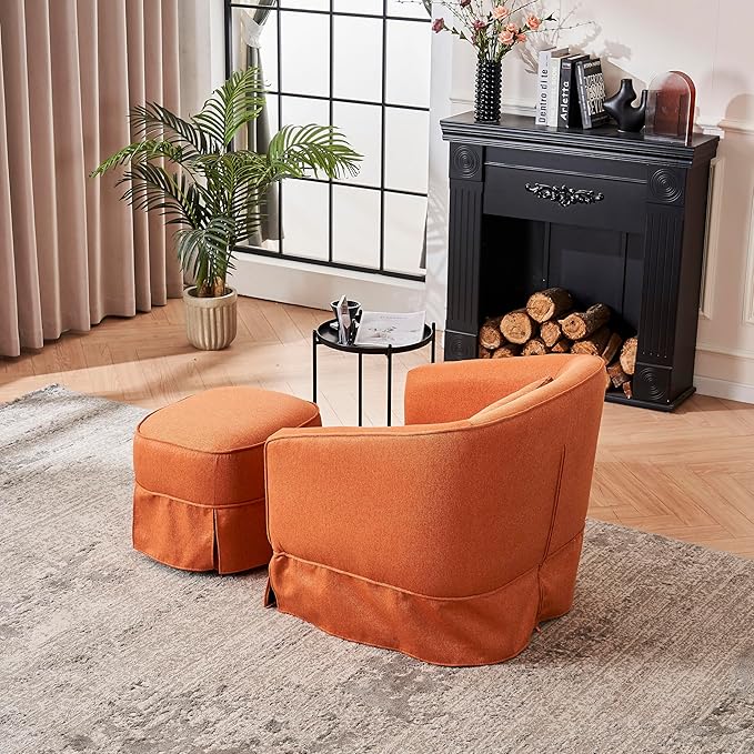 Swivel Barrel Chair with Ottoman Comfy Round Accent Sofa Chair for Living Room 360 Degree Swivel Accent Chair Armchair Leisure Reading Chair for Bedroom Hotel Office Lounge (Orange)