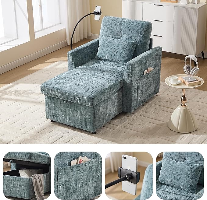 32 Comfy Chaise Lounge Sofa Bed Chair with Storage Side Pockets Phone Holder &amp 2 Pillows Modern Chenille Upholstered Sleeper Sofa Leisure Chair for Living Room Bedroom Small Spaces (Lake Blue)
