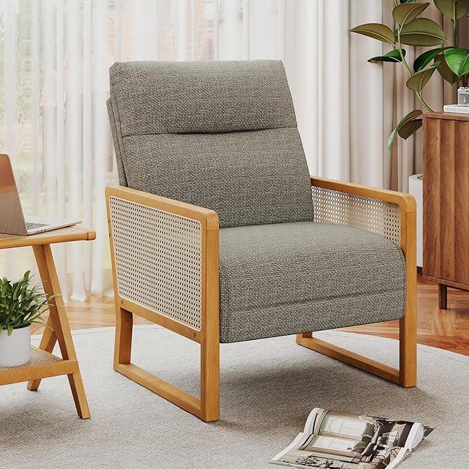 Linen Accent Chair Living Room Chairs with Rattan Arms Armchair with Ash Wood Legs for Reading Brownish Gray