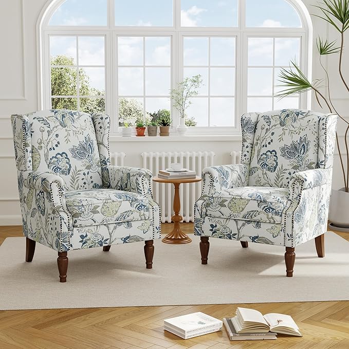Floral High Back Accent Chair Upholstered Armchair with Solid Wood Legs Comfy Wingback Reading Single Sofa Chair for Small Spaces Living Room Bedroom(Floral Plants Blue Set of 2)