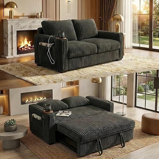 3 in 1 Convertible Sleeper Sofa Bed 53'' Pull Out Couch with Adjustment Backrest Corduroy Loveseat with Side Pockets USB Port for Living Room Bedroom Apartment Gray