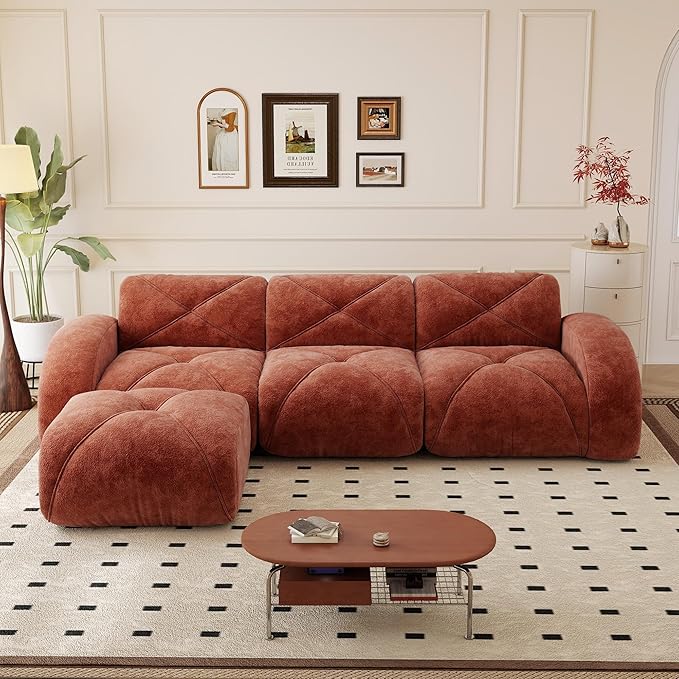 110.6 L Shaped Boneless Couch Modern 3 Seater Modular Sectional Sofa Convertible Velvet Modular Cloud Sofa with Ottoman &amp Deep Seat Free Combination Upholstered Couches for Living Room Red