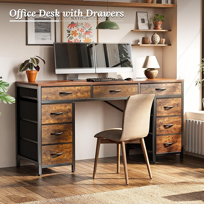 PRAISUN 54 Inch Office Desk with Outlets Computer Desk with 9 Fabric Drawers Writing Gaming Work Study Desk for Bedroom Living Room Home Office Large Storage Rustic Brown
