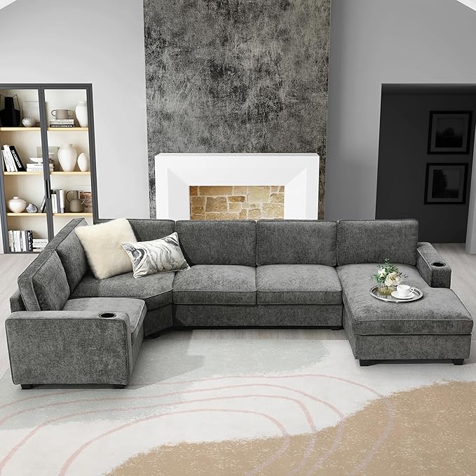 119 * 67 U Shaped Sectional Sofa6 Seat Chenille Corner Couch Set with Oversized Chaise LoungeIrregular Corner Deep and Wide Seat Comfy Sofa with Cup Holders for Living RoomApartment (Gray-V33)