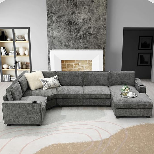 119 * 67 U Shaped Sectional Sofa6 Seat Chenille Corner Couch Set with Oversized Chaise LoungeIrregular Corner Deep and Wide Seat Comfy Sofa with Cup Holders for Living RoomApartment (Gray-V33)