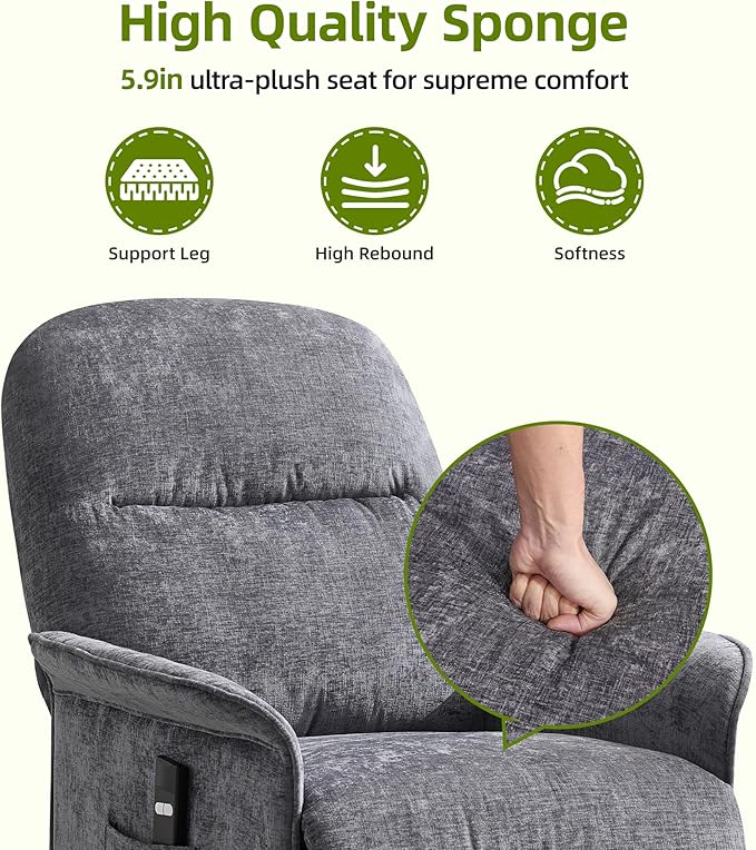 Power Recliner Chair with Remote Control 21 Wide Seat Small Recliners with Side Pocket for Adults Thick Cushions Chair for Living Room &amp Bedroom Light Grey
