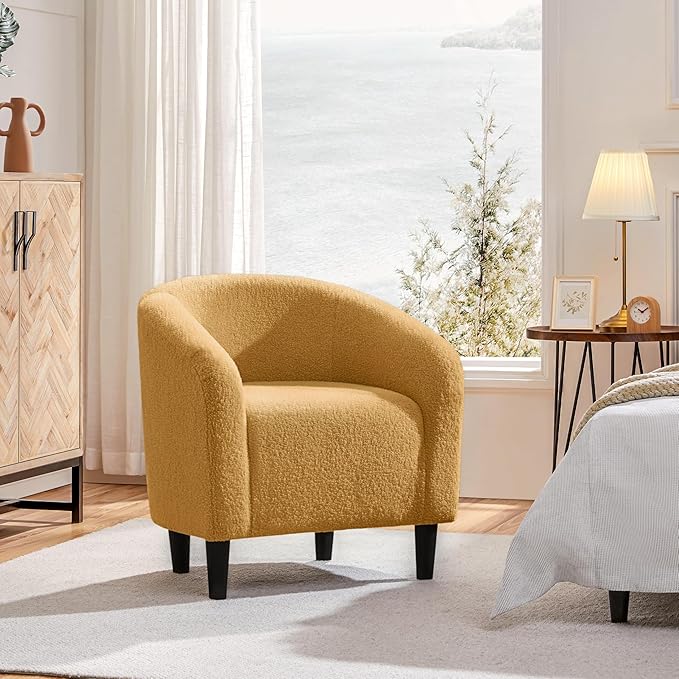 Yaheetech Accent Barrel Chair Boucle Fabric Club Chair Furry Sherpa Elegant and Cozy Soft Padded Armchair for Living Room Bedroom Reception Room Office Mustard Yellow