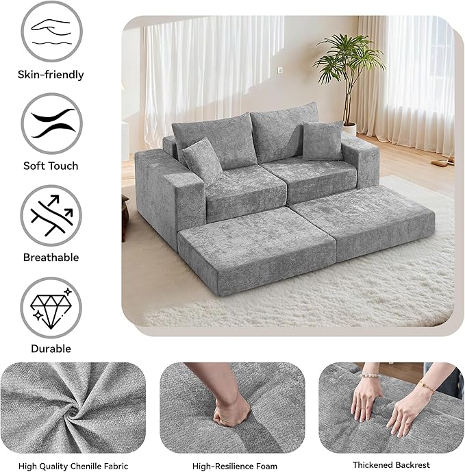 Boneless Sectional Loveseat Couch with Ottoman Convertible Modular Floor Sleeper Sofa Bed Comfy Foldable Compression Love Seat Sofa for Living Room No Assembly Light Grey