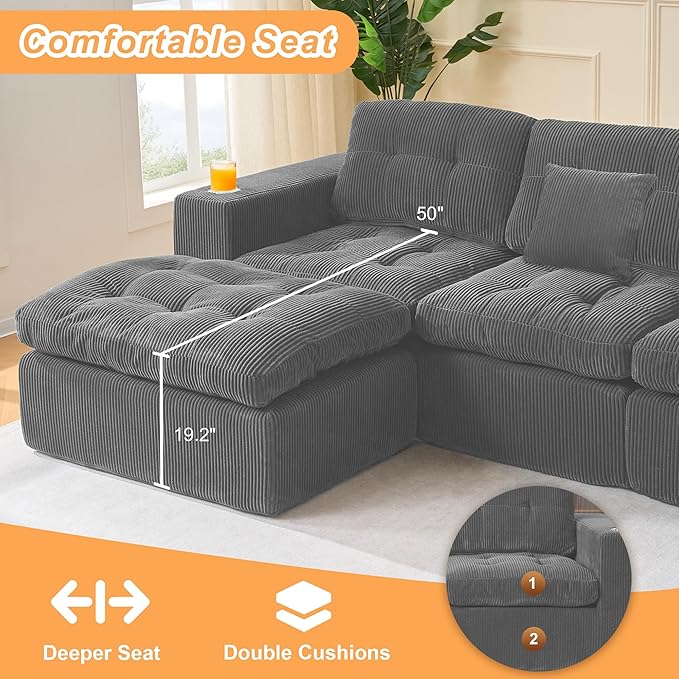 108 Modular Sectional Sofa Cloud Sectional Couch L-Shape Sofa Couch with Deep Seat Upholstered Boneless Couches for Living Room Bedroom No Assembly Required Grey
