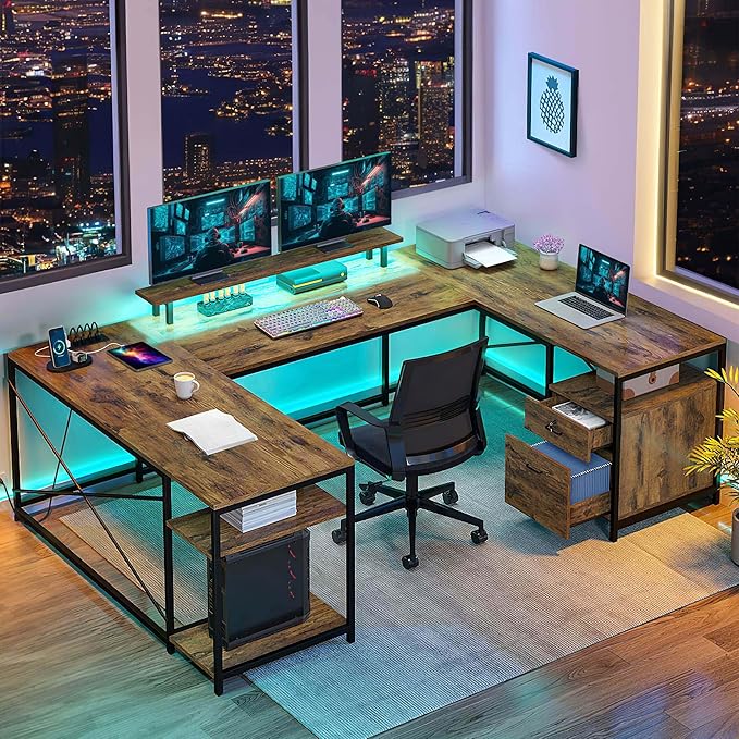DWVO U Shaped Desk with Drawers 79 Reversible L Shaped Desk with Power Outlets &amp LED Lights Corner Computer Desk with Monitor Stand &amp Storage Shelves Rustic Brown