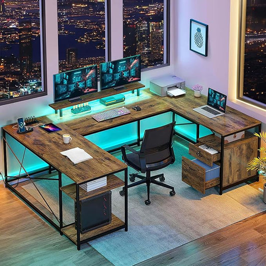 DWVO U Shaped Desk with Drawers 79 Reversible L Shaped Desk with Power Outlets &amp LED Lights Corner Computer Desk with Monitor Stand &amp Storage Shelves Rustic Brown