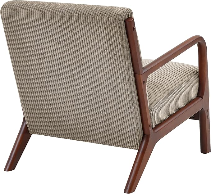 Wooden Accent Arm Chair Mid Century Armchair Comfy Modern Corduroy Accent Chair Boho Arm Chair with Pillow for Bedroom Lounge Living Room (Camel)