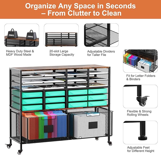EasyPAG Rolling Cart with 2 Storage Drawer Under Desk Filling Cabinet with Mail Sorter Pull Out Hanging File Rack for Letter Size Folders Mobile Utility Craft Cart for Home Office Black
