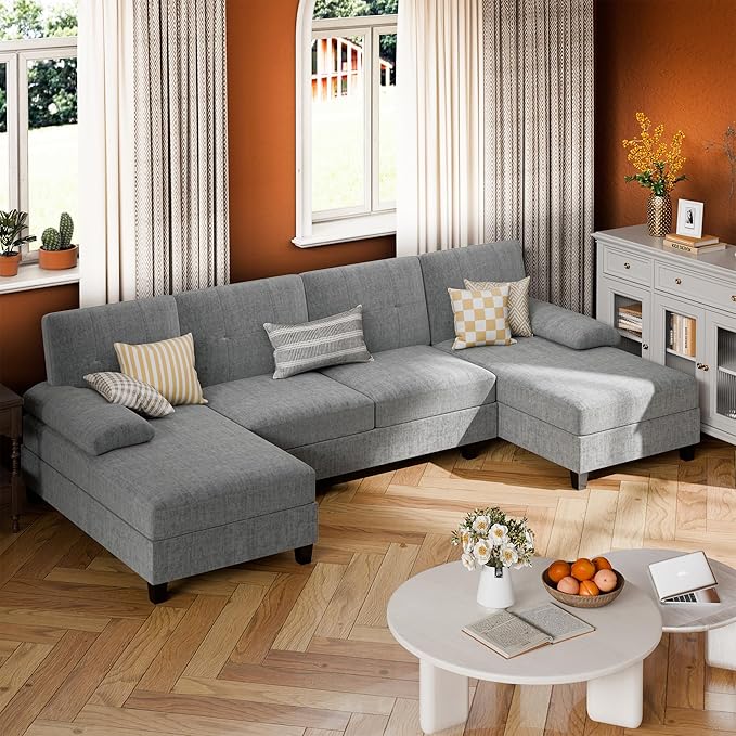 JY QAQA Sectional Couche with Soft Cushion U-Shaped Sofa with Double Chaise 4-Seat Linen Fabric Sofa Sets for Living Room Apartment Taupe