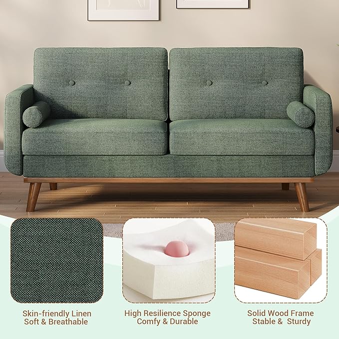 GarveeHome 65 in Loveseat Sofa Mid Century Modern Couch Comfy Love Seat Couches for Living Room 2 Seater Deep Seat Sofa Upholstered Couches for Bedroom Office Small Space Linen Green