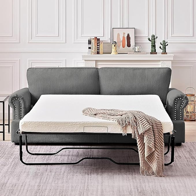 Reversible Sleeper Sofa Bed with Comfortable Memory Foam Mattress Convertible Corduroy Full Size Pull Out Couch for Living Room Space Saving Furniture 76 Wide Rounded Arms Grey
