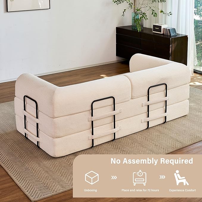 79 5-in-1 Folding Convertible Sofa Bed Oversized Corduroy Futon Floor Couch with Pull-Out Sleeper Modular Boneless Loveseat for Small Spaces Living Room Bedroom (White1)