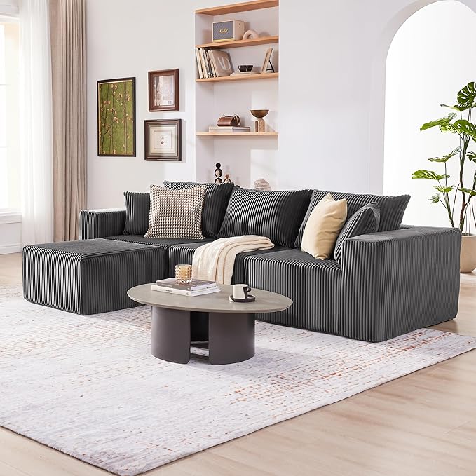 Cloud Couch Sectional Modular Sofa with Deep Seat Plush Corduroy U Shaped Boneless Couch Convertible Sectional Couches for Living Room (Darkgrey 3 Seater &amp 1 Ottoman)