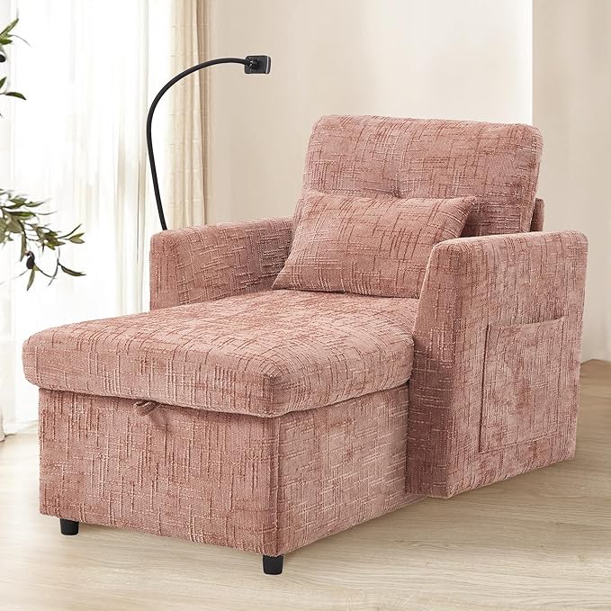 HOMEFUN Sleeper Chair Bed Lazy-Friendly Indoor Chaise Lounge with Storage Cell Phone Bracket Multifunctional Sofa for Bedroom Living Room Small Space Adults