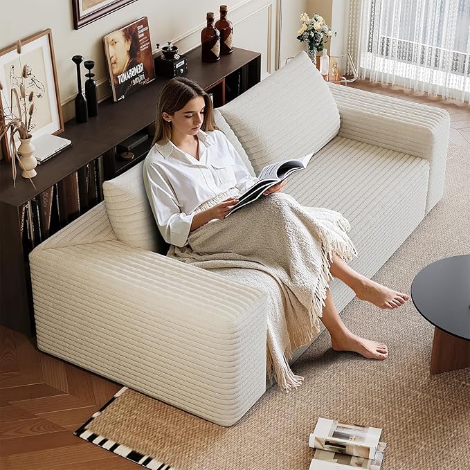 Boneless Cloud Loveseat Couch No Assembly Required Sofa in a Box 63/71 2 Seater Corduroy Compression Couch for Living Room Bedroom Apartment (White 63) | Comfortable