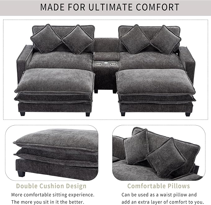 Sectional Sofa Chenille Upholstered with 2 Removable Ottoman 2 USB Ports 2 Cup Holders Large Storage Box for Living Room