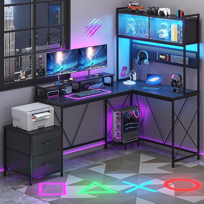 L Shaped Gaming Desk with DIY Pegboard Home Office Computer Desk with Raised Display Stand 2 Drawers and LED Glass Cabinets Corner Desk with Printer Desktop&ampPower Outlet Black