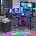 L Shaped Gaming Desk with DIY Pegboard Home Office Computer Desk with Raised Display Stand 2 Drawers and LED Glass Cabinets Corner Desk with Printer Desktop&ampPower Outlet Black