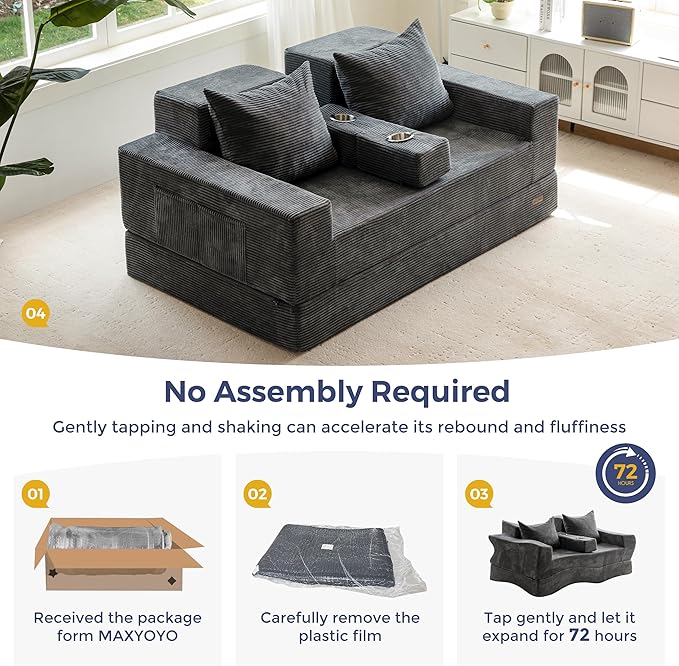 MAXYOYO Loveseat Sofa Bed 64 Foldable Floor Sofa Couch in A Box with 2 Cup Holders 4 in 1 Convertible Boneless Couch Folding Recliner Sleeper Chair for Living Room No Assembly Required Dark Grey