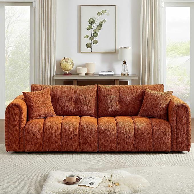 91.5 Sofa Couch w/Medium Firm Seat Cushion Tufted BackCloud Loveseat w/Deep Seats &amp Chenille Fabric 3 Seater Sofa for Living Room Apartment Lounge Office (Orange)