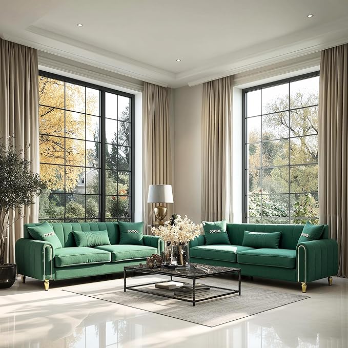 87.5 Modern 3-Seater Velvet Couch with Metal Legs &amp Decorative Pillows High Resilience Sponge Spring Seat Luxury Sectional Loveseat Sofa for Living Room Apartment Small Space Green