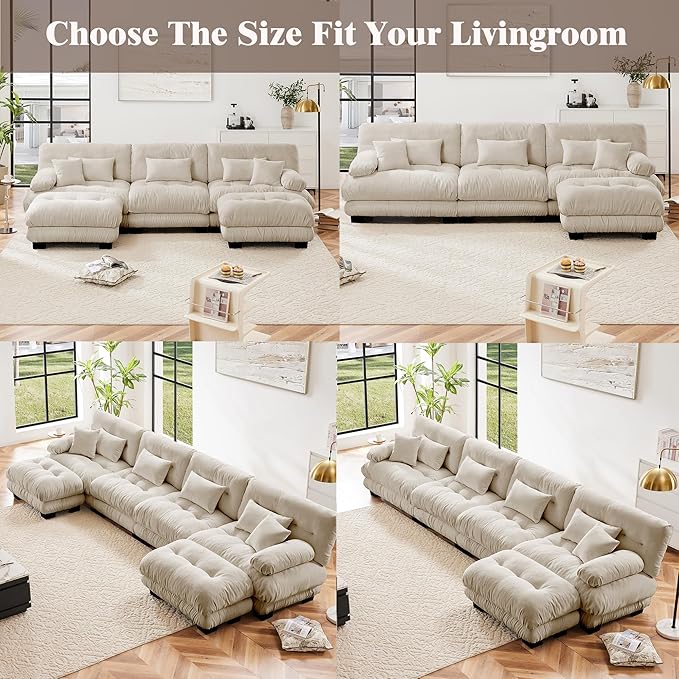 Oversized Modular Velvet Sectional Cloud Sofa Couch with Movable OttomanCorner Sofa with Comfortable Armrests Deep Seat Convertible L or U Shaped Couch (Light Coffee 4 Seat + 1 Ottoman)
