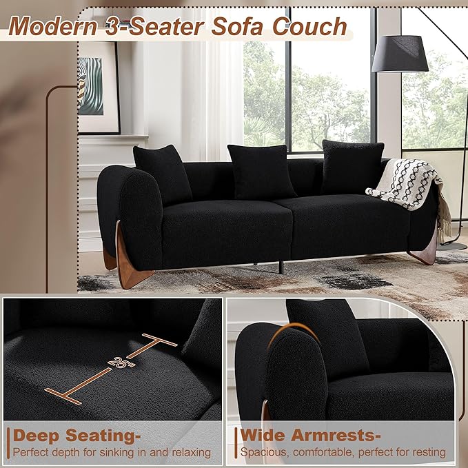 87 Sherpa Boucle Cloud Couch Modern 3 Seater Sofa with Solid Wood Legs 25 Extra Deep Seat Comfy Thick Cushion Upholstered Sofa Couches with 3 Pillows for Living Room Black