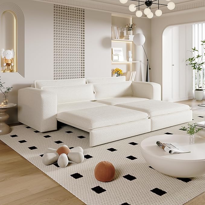 KEIKI 93 King Size Sleeper Sofa Bed Pull Out Sofa Bed 3 in 1 Convertible Sleeper Sofa 3 Seat Teddy Couch with 2 Lumbar Pillows for Living Room Apartment Office Studies Beige