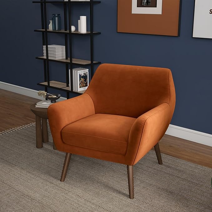 GDFStudio Mid-Century Modern Comfy Accent Chair Upholstered Boucle Lounge Vanity Chair with Back &amp Solid Wood Legs Armchair Sofa Chair for Bedroom Living Room Makeup Burnt Orange &amp Brown