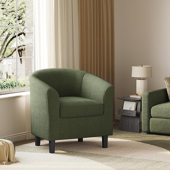 Yaheetech Corduroy Barrel Chair Upholstered Club Accent Chair Round Armchair with Soft Cushion for Living Room Bedroom Reading Room Dark Green