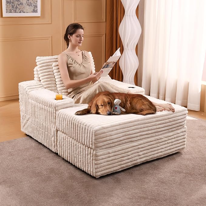 Garvee Oversized Chaise Lounge Chair Indoor with Storage Ottoman Upholstered Corduroy Sofa Bed Cloud Couch with 3 Pillows Single Sleeper Sofa Chair for Living Room Bedroom