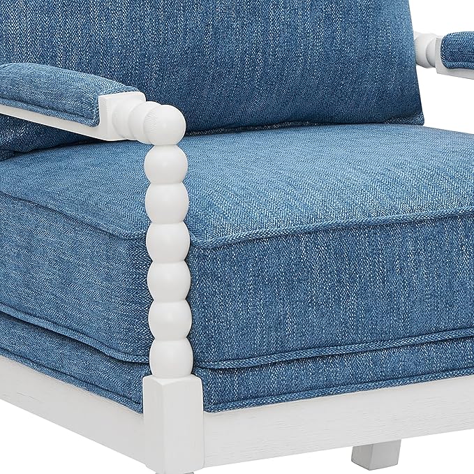 Roundhill Furniture Belvoir Upholstered Spool Accent Chair with Turned Wood Frame Denim Blue with White Finish