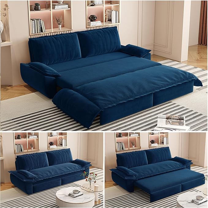 73.2 Queen Size Pull Out Sofa Bed 3-in-1 Convertible Sleeper Velvet Loveseat for Living Room Apartment Bedroom Small Spaces Blue (Mattress &amp Bedding Not Included)