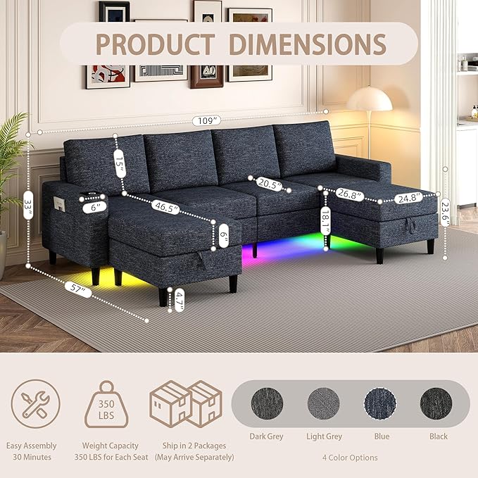 Sectional Couches for Living Room 4 Seat Sectional Sofa with Smart Module-Wireless Charging/USB/Type-C/RGB Light U Shaped Couch with Reversible Chaise Lounge/Storage Ottoman (Blue)