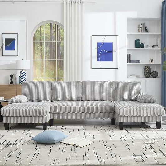 KEIKI 114 U-Shaped Oversized Modular Velvet Sectional Sofa with 2 Chaise Lounge Modern Style Upholstered 4-Seater Couch with Soft Seat Cushions Easy Assembly for Apartment Living Room Light Gray