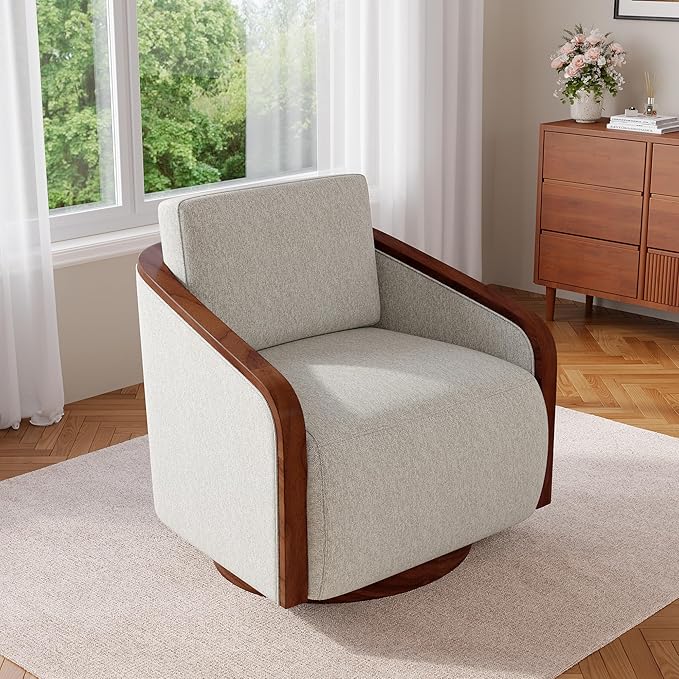 UIXE Swivel Barrel Chair Chenille Accent Chairs Upholstered Club Armchair for Living Room Contemporary Arm Chair Bedroom Reading Seat Nook Single Sofa with Back Pillow - Beige Brown
