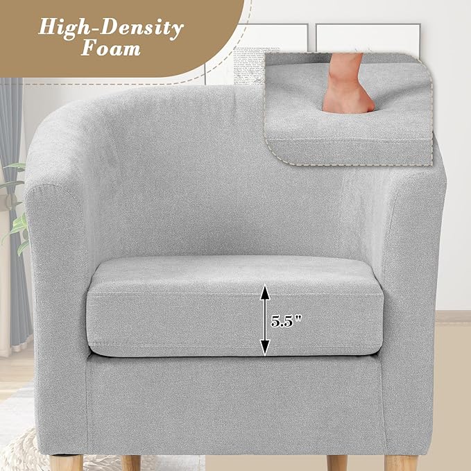Athena Collection Modern Accent Chair with Ottoman Linen Barrel Sofa Chair Comfy Upholstered Armchair Reading Chair with Thickened Seat Cushion for Bedroom Living Room Gray