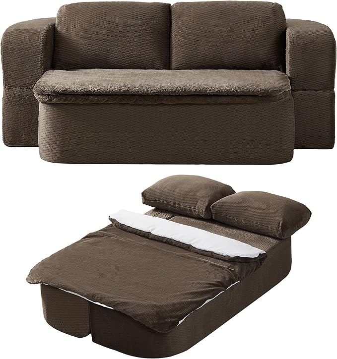 74.8 Inch Convertible Sleeper Sofa Bed Compressed Loveseat Sofa Folding Floor Mattress with Pillows and Blanket Small Couches for Living Room Bedroom Lounge No Assembly Required (Dark Brown)