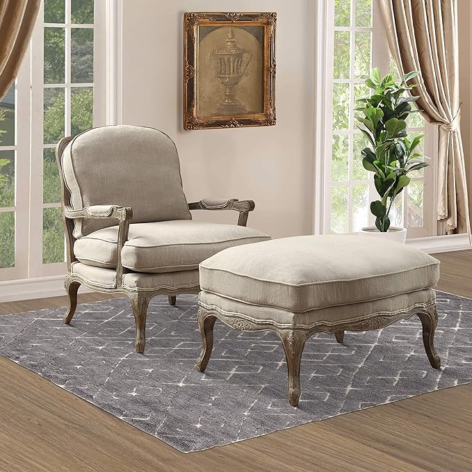 Lexicon Oak Distressed Solid Wood Accent Chair with Feather Down Seating Natural Linen Fabric Padded Armchair for Living Room Bedroom Reading Room or Sunroom Neutral