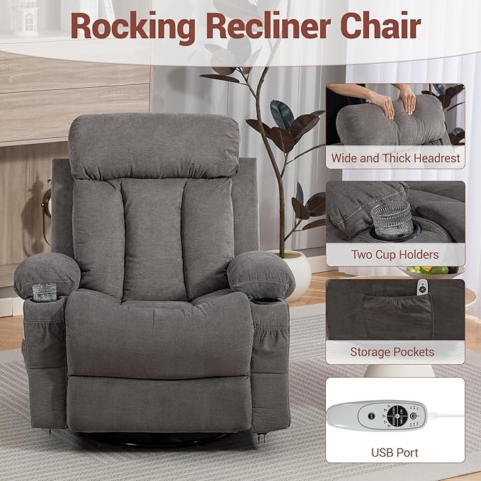 Oversized Recliner Chair for Adults w/Vibration Massage and Heating 360° Swivel Rocker Glider Recliner w/Cup Holder and USB Charge for Living Room Bedroom Grey