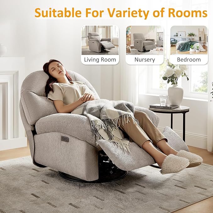 VANOMi Power Recliner Chair with USB &amp Type-C Charging 270° Swivel Glider Rocker Electric Nursery Recliner for Living Room Bedroom and Office Camel