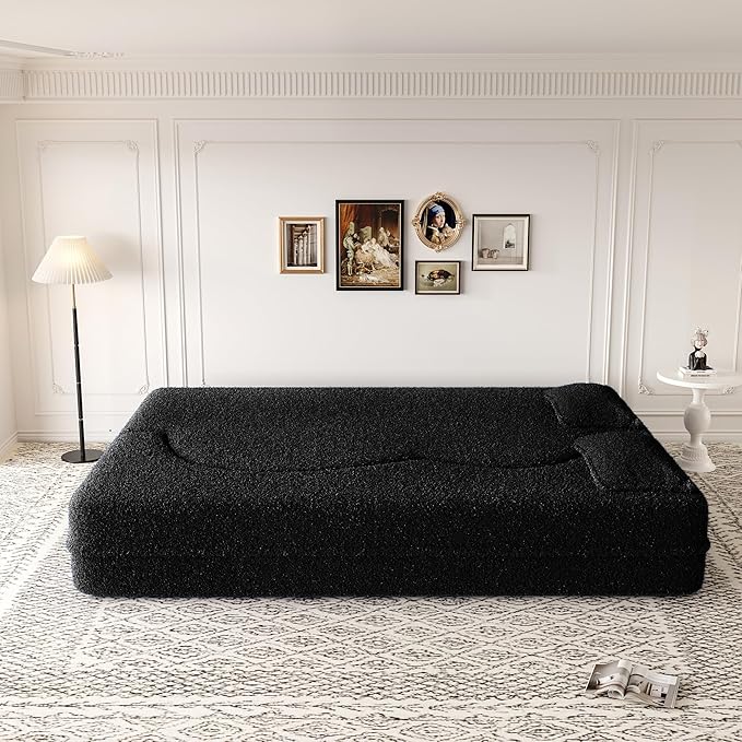 Hommoo Convertible Sleeper Sofa Bed Futon Sofa Folding Mattress Couch Full Size Teddy 2 in 1 Compression Floor Lounge Couch High Density Foam for Living Room/Guest Room/Apartment Black