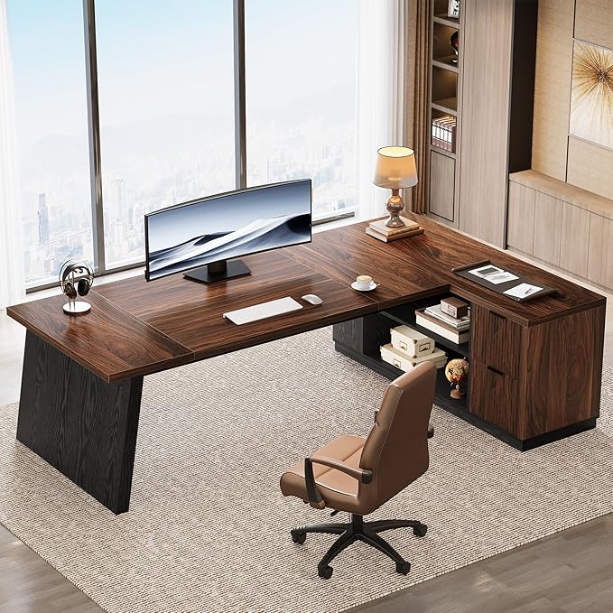 Tribesigns 78 L Shaped Executive Desk Large Office Desk with Drawers and Storage Shelves Modern Corner Computer Table Business Furniture for Home Office (Walnut &amp Brown)