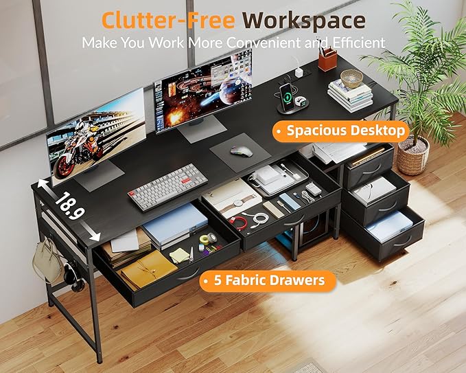 YOSHOOT 60 Computer Desk with 5 Fabric Drawers - Gaming Desk with Storage and Power Outlets Home Office Desk for Adults and Teenagers Working Writing Study Black